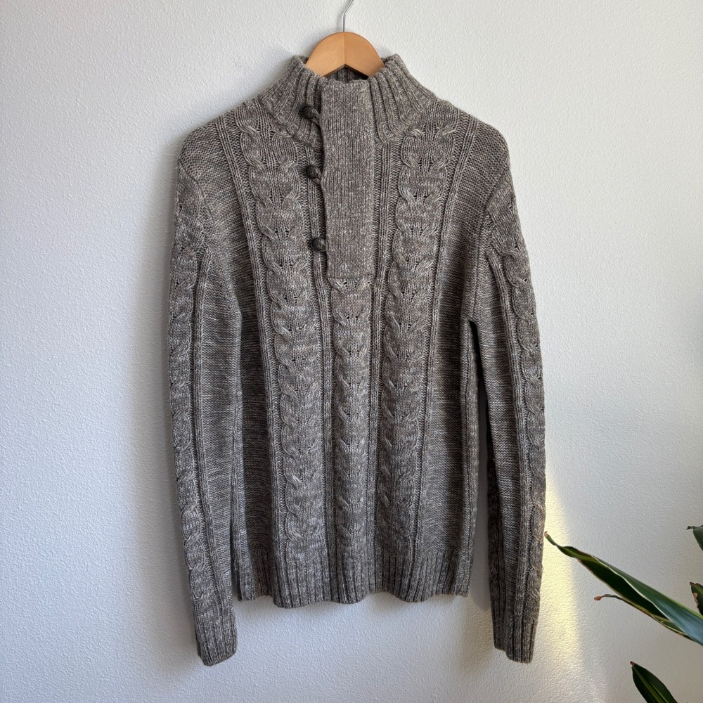 Amongst Others Mens Cable Knit Sweater Mock Neck Quarter Zip Button Tan Grey M